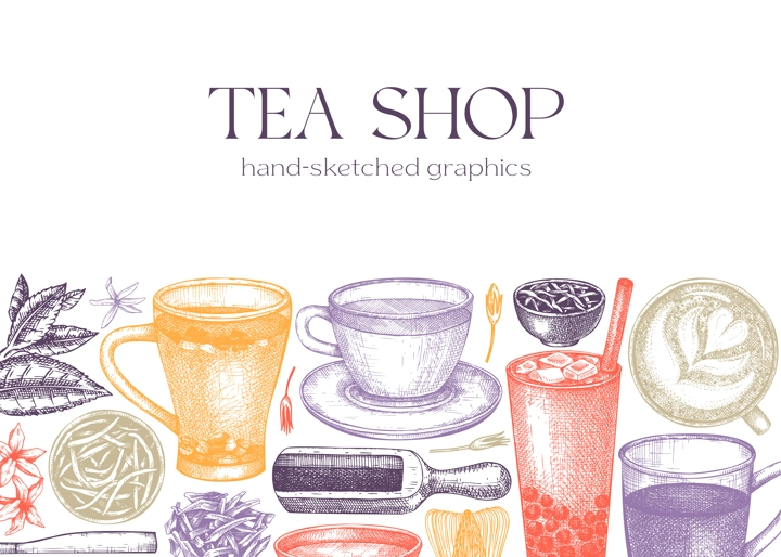 Tea shop or cafe design with hand-sketched tea drinks illustrations. Vector sketches of teacups, glasses, dried leaves, jasmine blossoms. Popular beverages background for menu or banner template